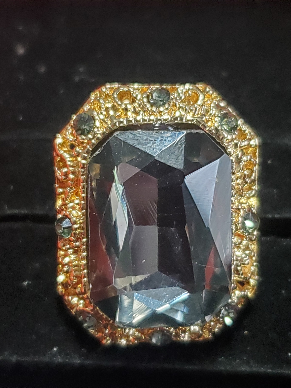 Black Crystal Lapel Pin Emerald Cut Rhinestone Gold Tone Statement Tie Tack